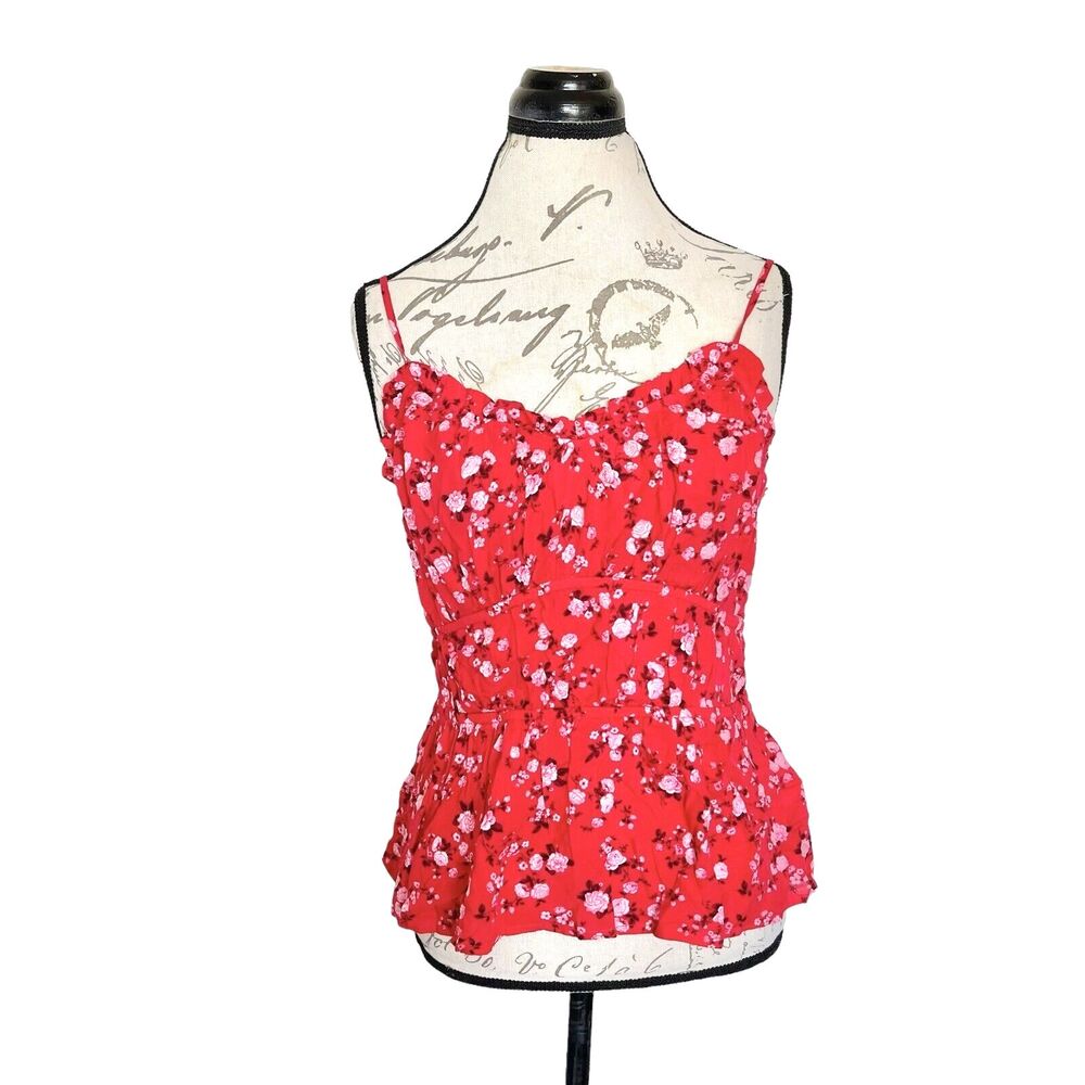 Old Navy Womens Blouse Top Sz Medium Red Floral Cottagecore Tomato Girl Bohemian